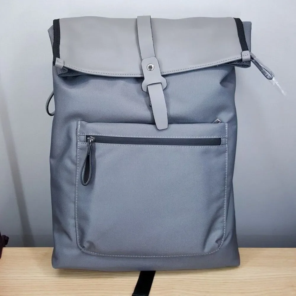 ALFANI Backpack Grey Canvas Roll Top Backpack Faux Leather Trim Laptop Sleeve - Picture 5 of 13